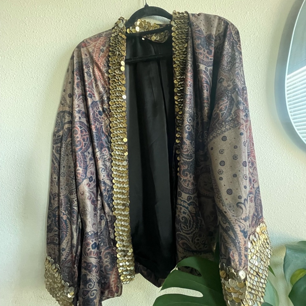 Free People Multicolor Paisley Blazer with Gold Accents